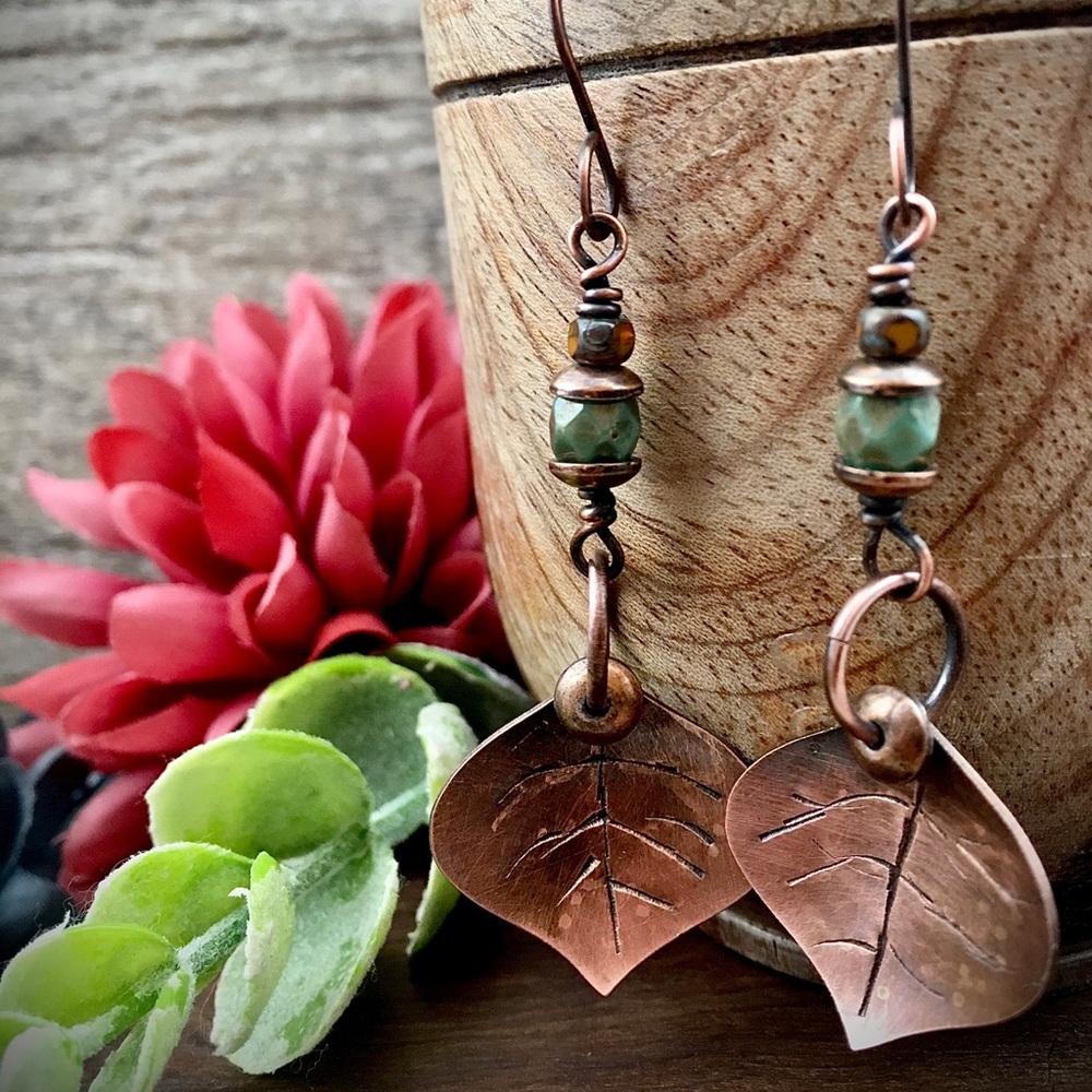 Copper leaf Czech glass bead dangle earrings